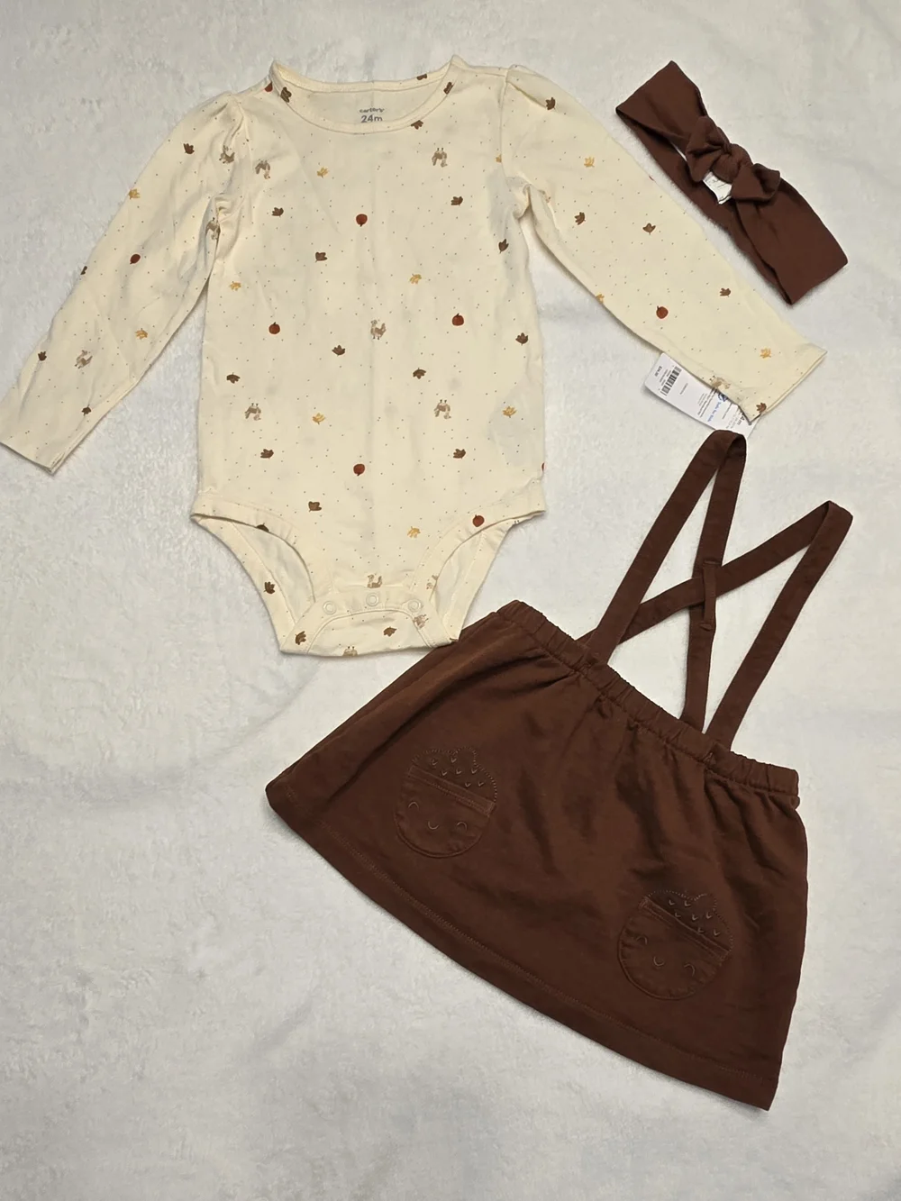 Carter's Cream Long-Sleeve Top with Brown Suspender Skirt and Brown Headband